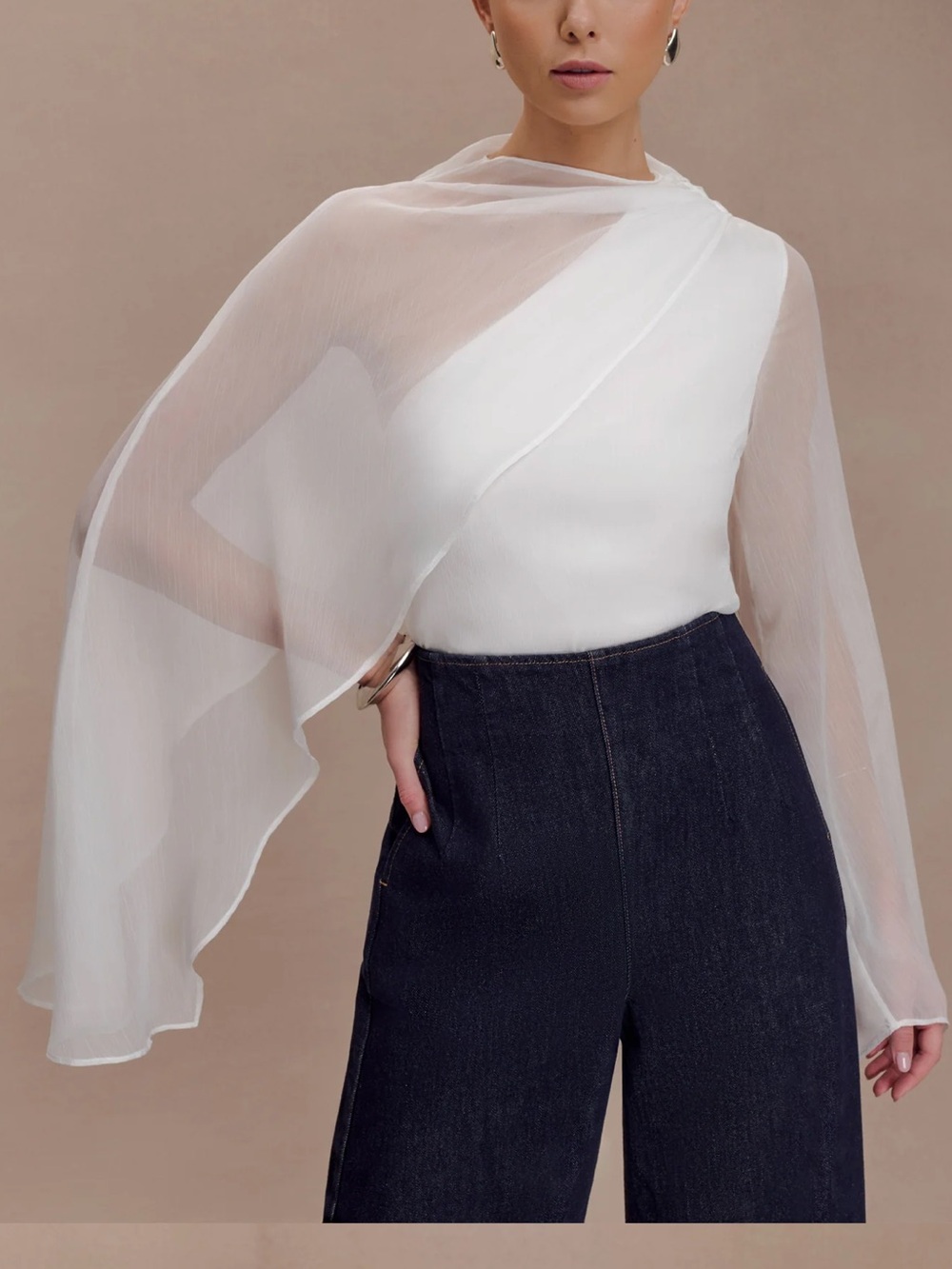 Meshki Ida Sheer Asymmetrical Long Sleeve Cape - White (small)